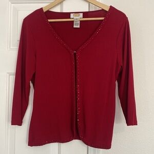 Talbots cherry red cardigan with small jewel embellishments.